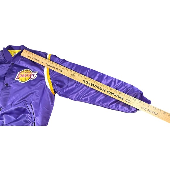 VINTAGE 80S LOS ANGELES LAKERS NBA STARTER SATIN PATCH BOMBER JACKET - Picture 9 of 12